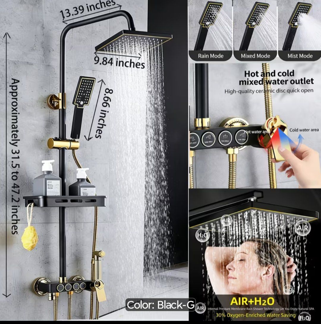 Luxury Black & Gold Rainfall Shower Panel System, Wall-Mounted, Hot/Cold Mixer, Multi-Mode