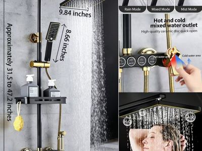 Luxury Black & Gold Rainfall Shower Panel System, Wall-Mounted, Hot/Cold Mixer, Multi-Mode