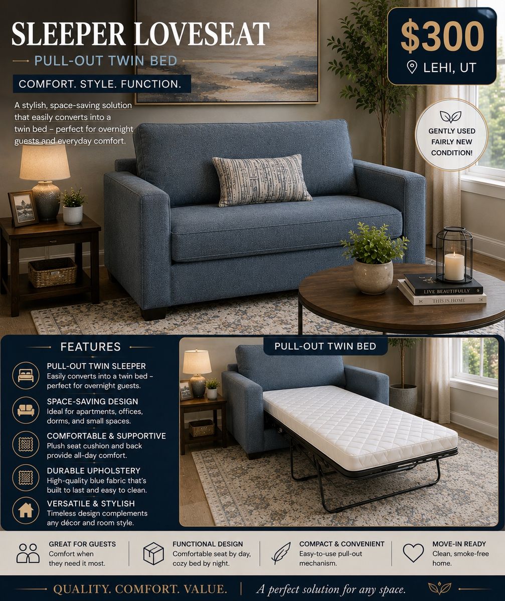 Ashley Cozy Blue Fabric loveseat pull out bed for Living Room or Den