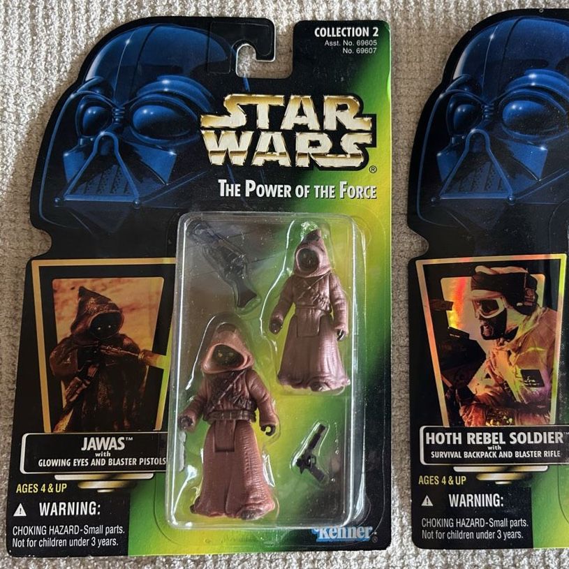90’s Vintage Star Wars: Power of the Force Jawa x 2 Holographic Sticker Action Figures, Collection 2, Kenner Green Card