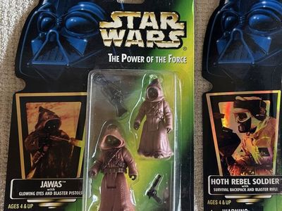 90’s Vintage Star Wars: Power of the Force Jawa x 2 Holographic Sticker Action Figures, Collection 2, Kenner Green Card