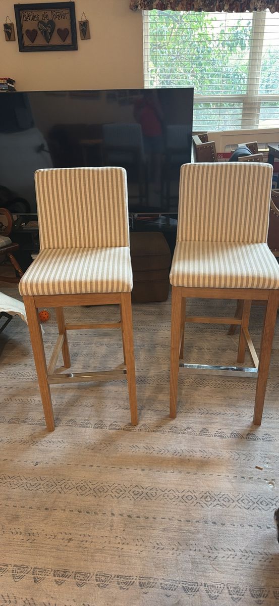 Pair of Striped Upholstered Wooden Bar Stools with Metal Footrests