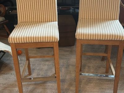 Pair of Striped Upholstered Wooden Bar Stools with Metal Footrests