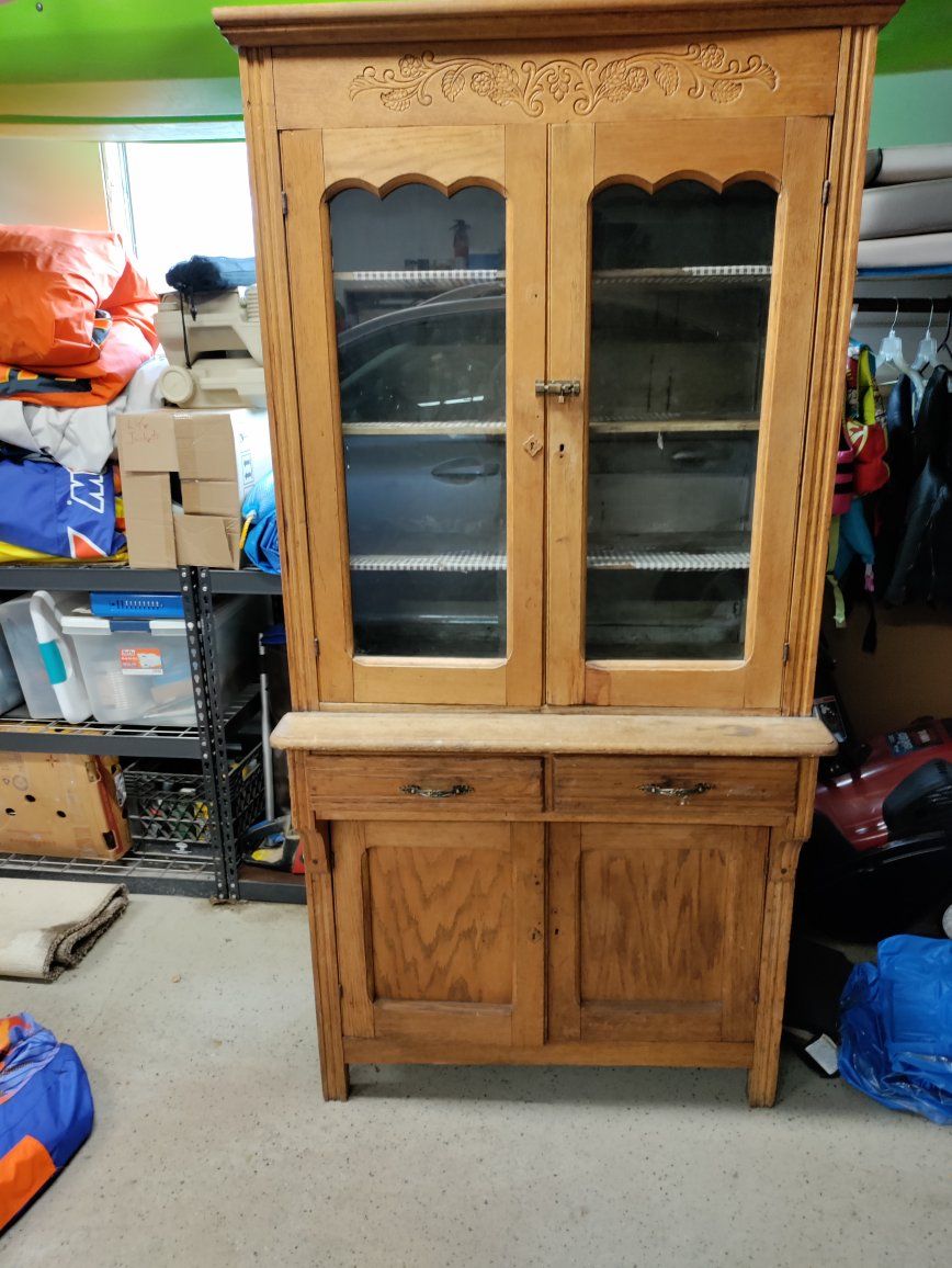 Vintage Wooden Kitchen Hutch Cabinet with Glass Doors & Carved Details