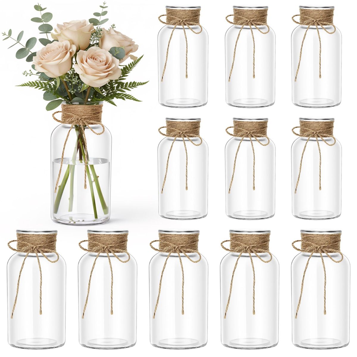 Set of 12 Clear Glass Jars with Twine Ribbon Bows Rustic Wedding Centerpieces