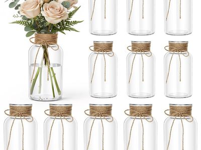 Set of 12 Clear Glass Jars with Twine Ribbon Bows Rustic Wedding Centerpieces