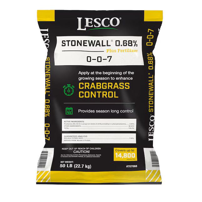 Lesco Fertilizer plus Crabgrass Pre-emergent weed Control.