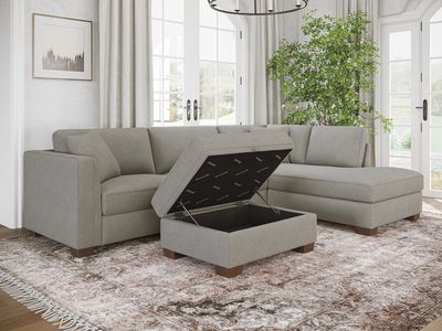 Modern Gray Fabric Sectional Sofa Couch with Storage Ottoman - Large L-Shape Design
