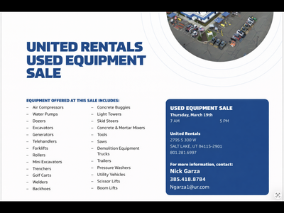 Used Equipment Sale – March 19th in Salt Lake! Skid steers, excavators, compressors, lifts and more. First come first serve!