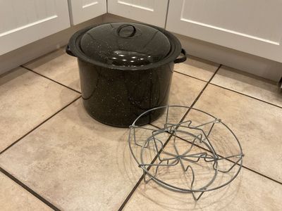 Vintage Black Speckled Enamel Canning Stock Pot W/ Lid