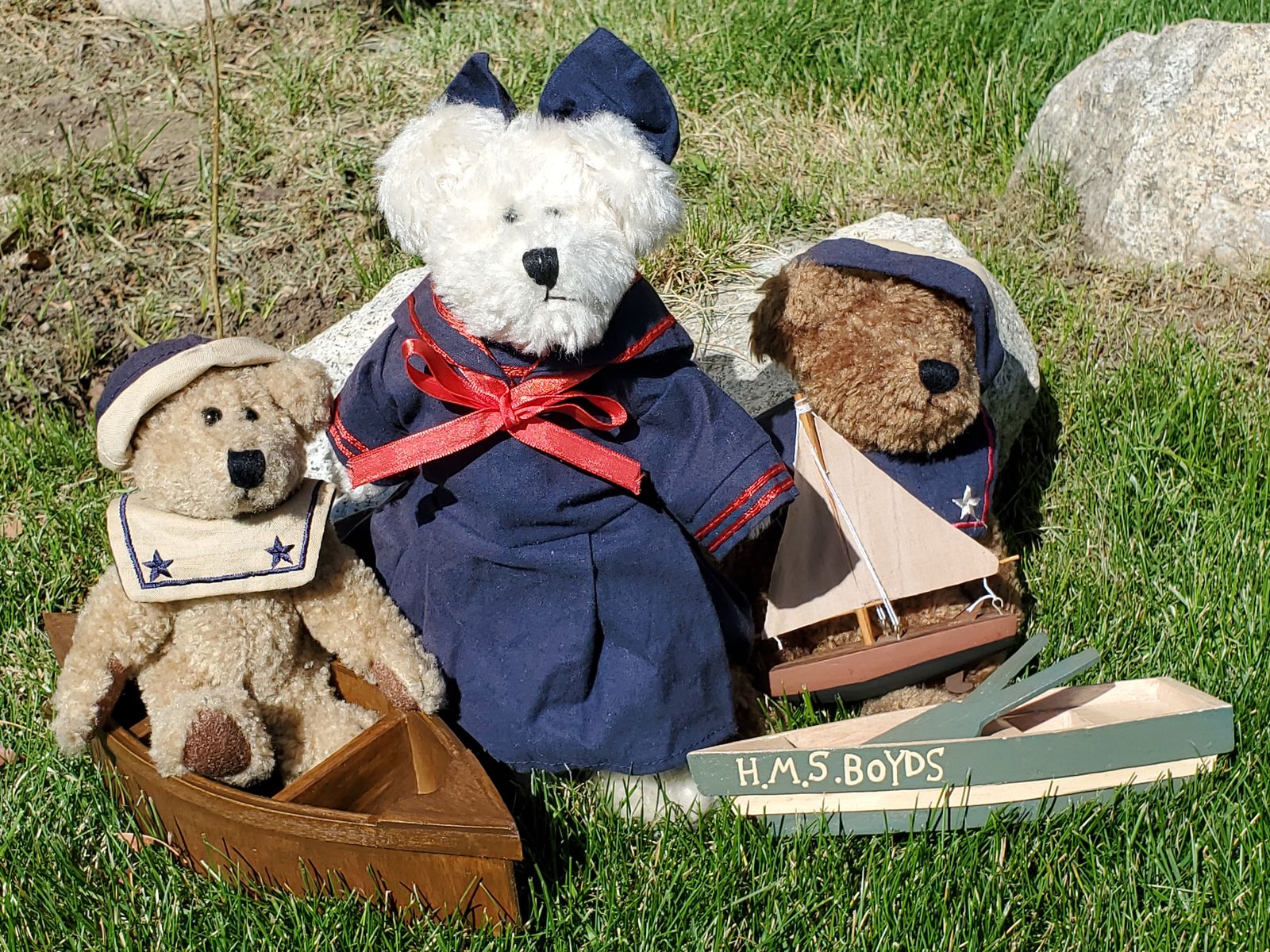 Three Nautical Boyd's Bears with wooden boats