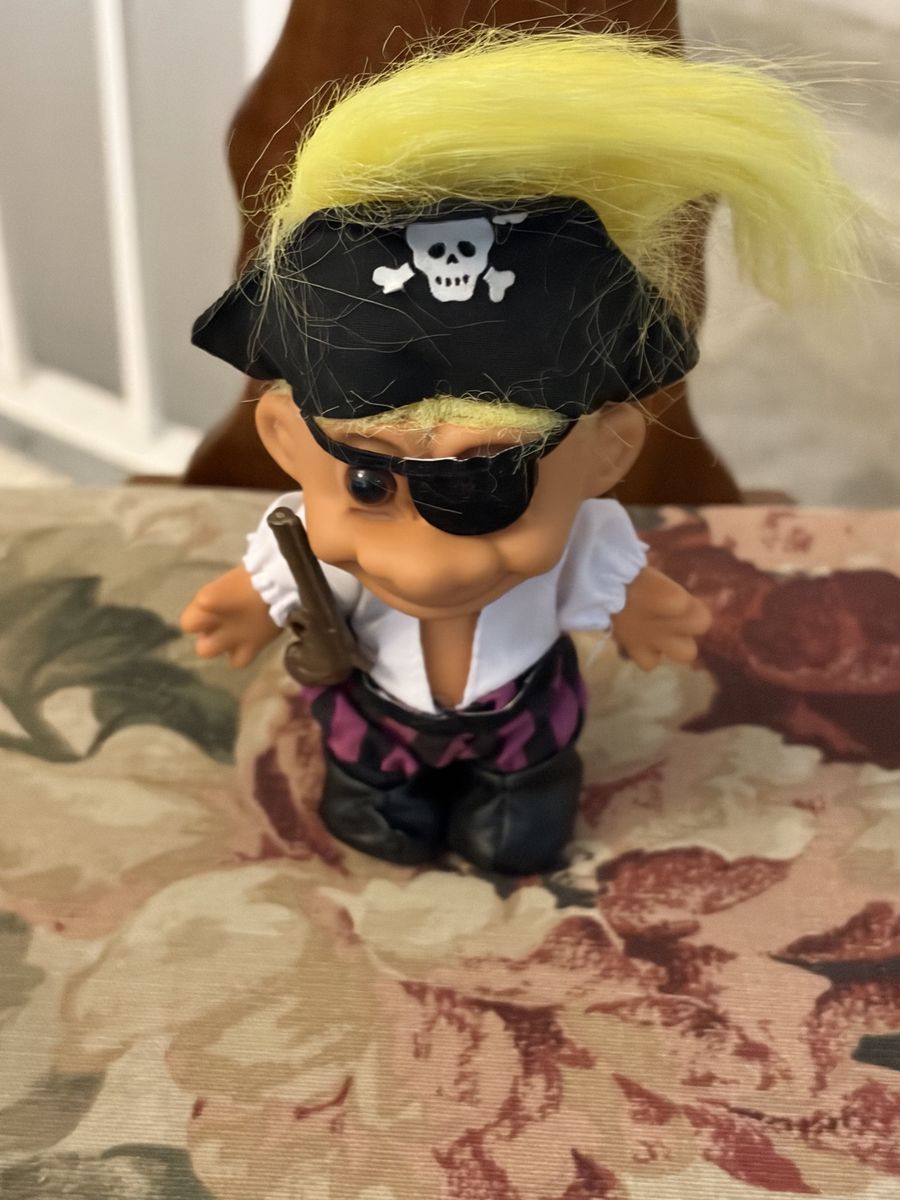 Vintage Pirate Troll Doll Yellow Hair Eyepatch Ruffled Shirt Striped Pants Figure