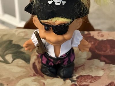 Vintage Pirate Troll Doll Yellow Hair Eyepatch Ruffled Shirt Striped Pants Figure