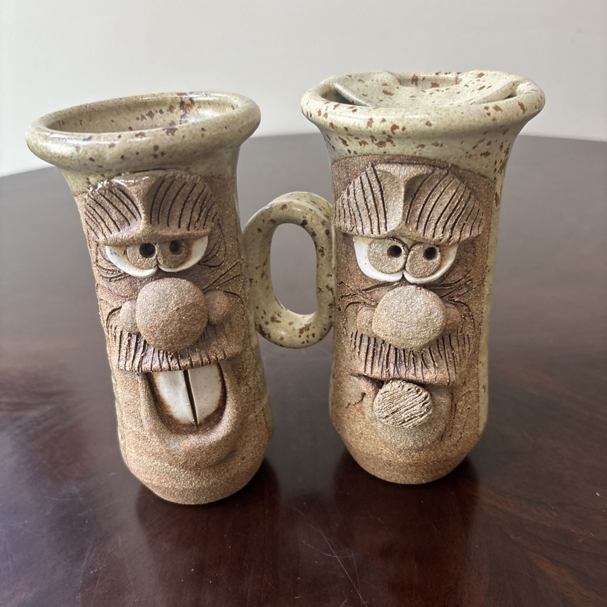 Vintage Studio Art Pottery Conjoined "Ugly" Face Double Mug