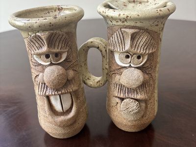 Vintage Studio Art Pottery Conjoined "Ugly" Face Double Mug