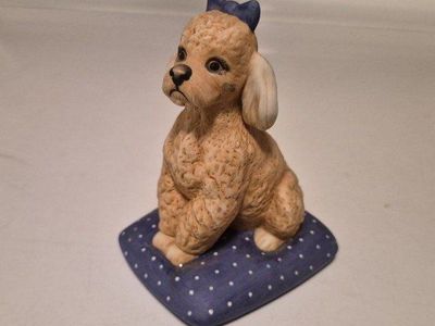 The Franklin Mint 1987 Poodle Dog Figurine with Blue Bow & Polka Dot Pillow, Crafted in Taiwan