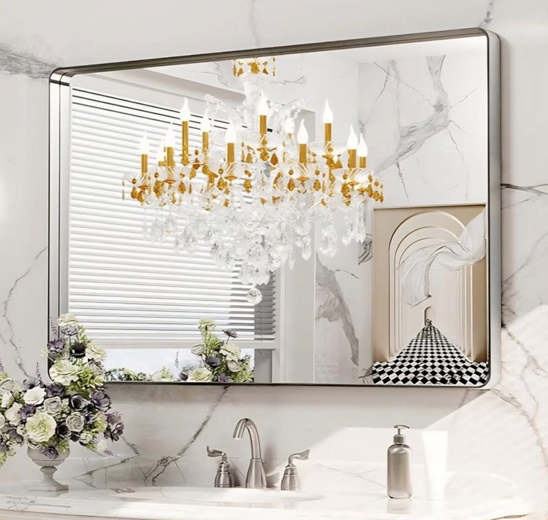 LOAAO 48X32 Inch Brushed Nickel Bathroom Mirror, Rounded Rectangle Silver Metal Frame Mirror, Brushed Nickel, Anti-Rust, Shatter
