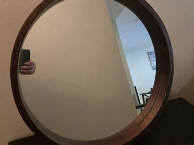 24" Round Wood Frame Wall Mirror - Dark Brown, Medium Size