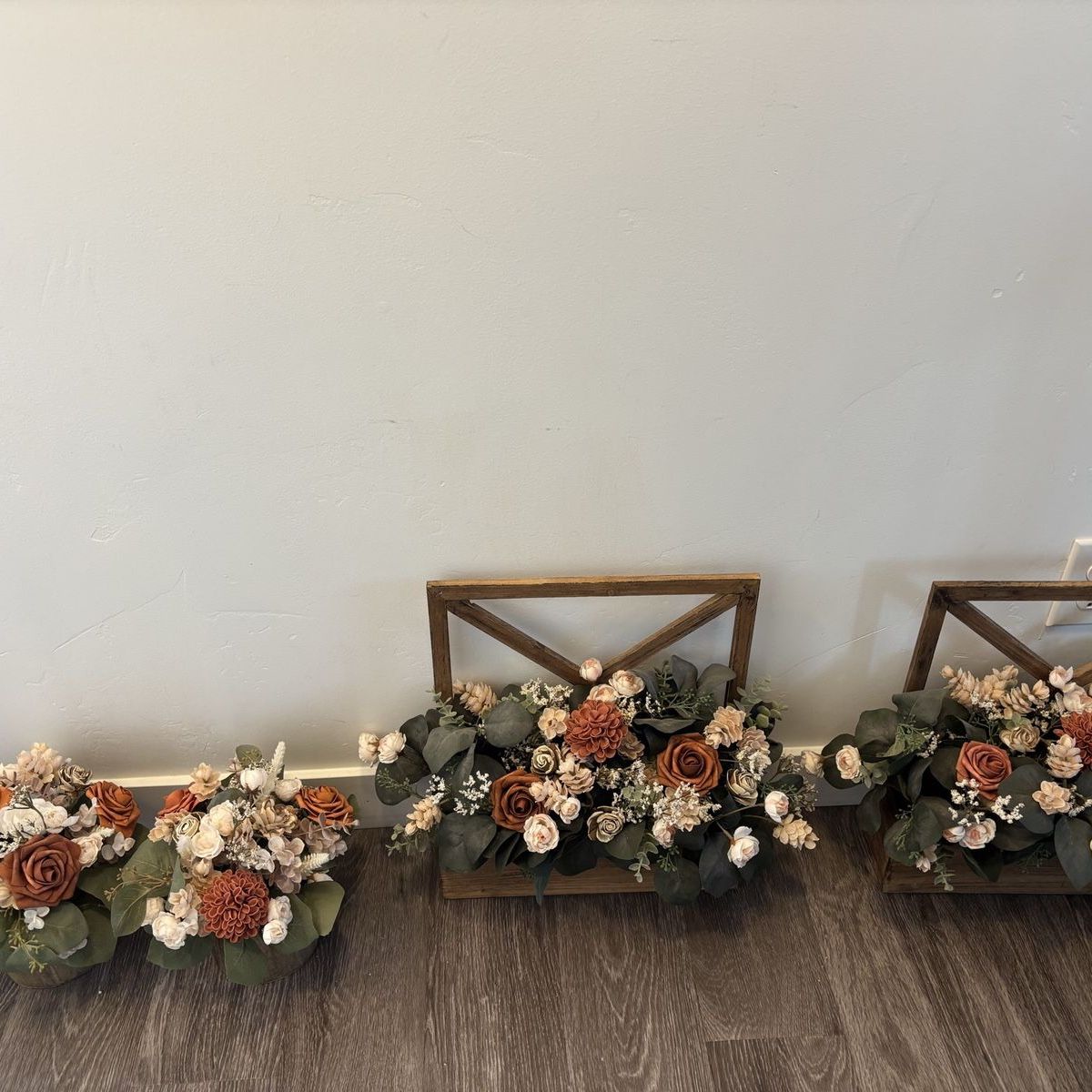 Rustic Farmhouse Wood Flower Arrangement with Greenery - Set of 4 Decor Pieces