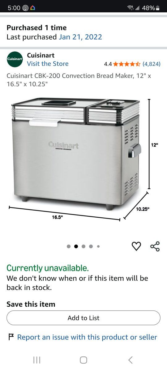 Cuisinart CBK-200 Convection Bread Maker - Automatic Kneading & Baking, 16 Presets