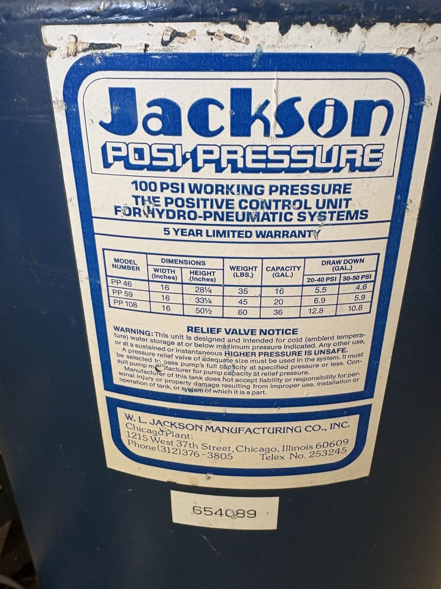 Jackson Posi-Pressure Tank & Sears Centrifugal Pump - 100 PSI Hydro-Pneumatic System