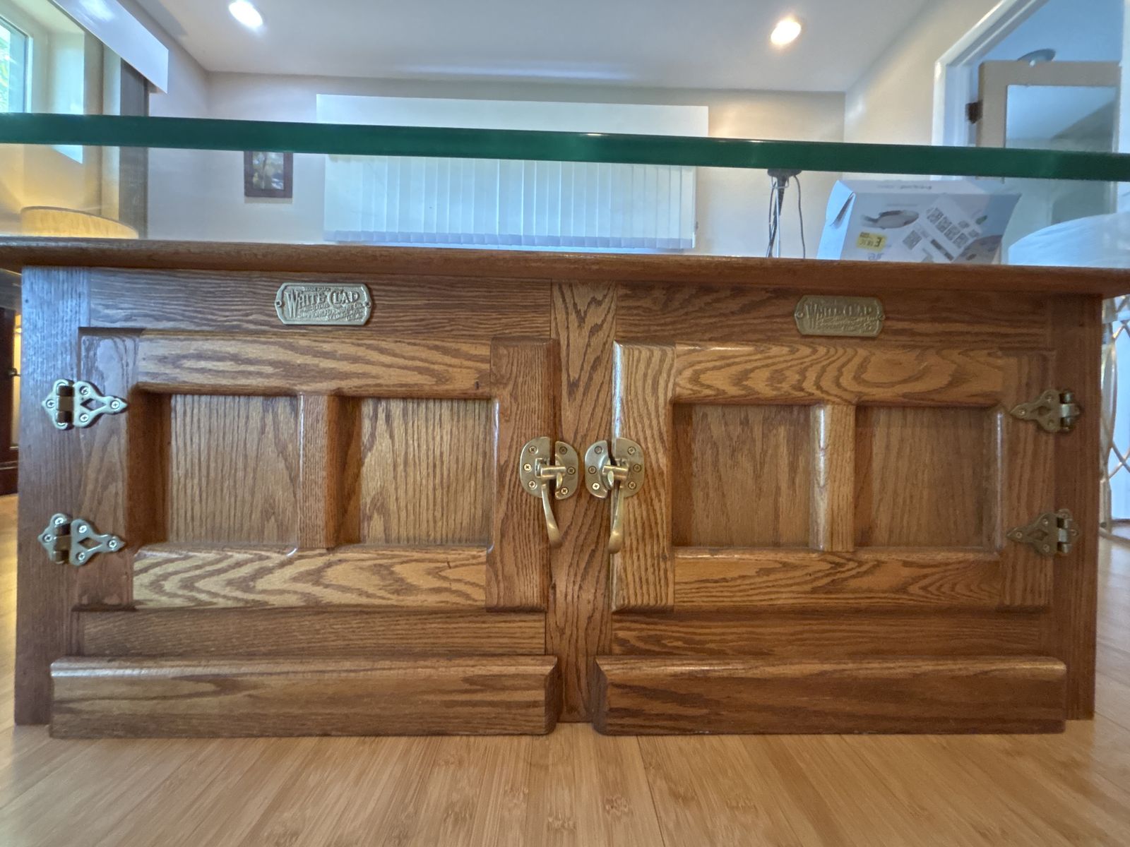 Vintage Oak Wood & Glass Coffee Table with Ice Box Style Cabinetry
