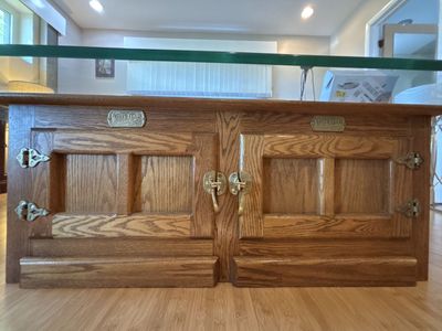 Vintage Oak Wood & Glass Coffee Table with Ice Box Style Cabinetry