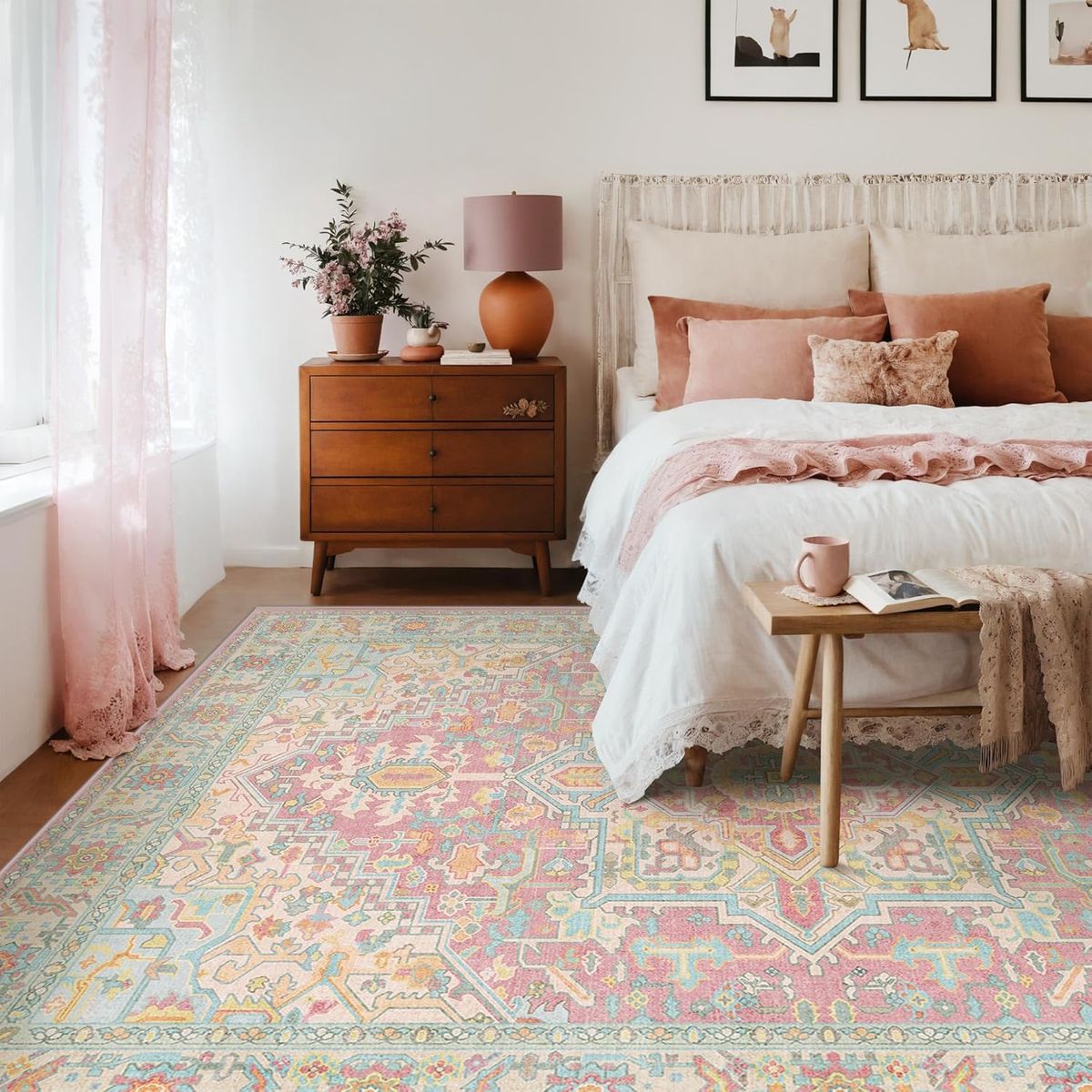 NEW 9x12 Washable Area Rugs Blossom Pink with Vintage Orient Design, Distressed Medallion