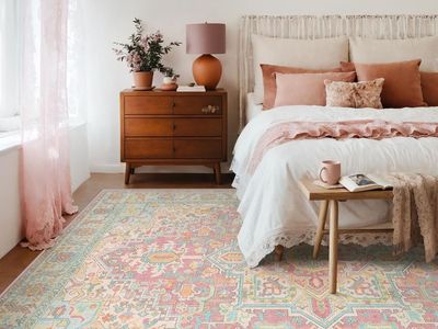 NEW 9x12 Washable Area Rugs Blossom Pink with Vintage Orient Design, Distressed Medallion