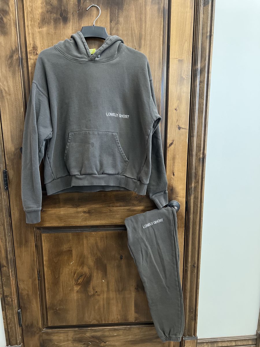 Lonely Ghost Grey Cotton Sweat Set - Hoodie & Sweatpants, Size XL top size S bottom