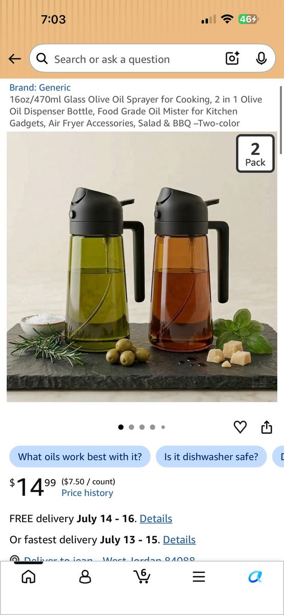 Glass Oil Sprayer & Dispenser Bottles, 2 Pack - Amber & Green