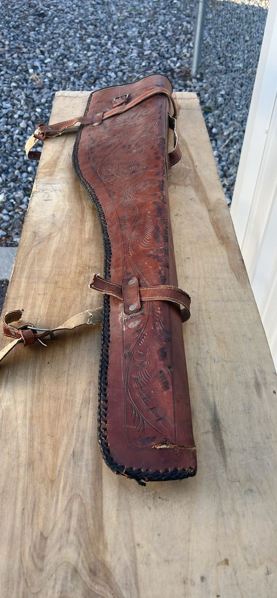 Vintage Hand-Tooled Leather Rifle Scabbard/Gun Case, Brown with Purple Felt Lining