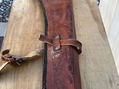 Vintage Hand-Tooled Leather Rifle Scabbard/Gun Case, Brown with Purple Felt Lining