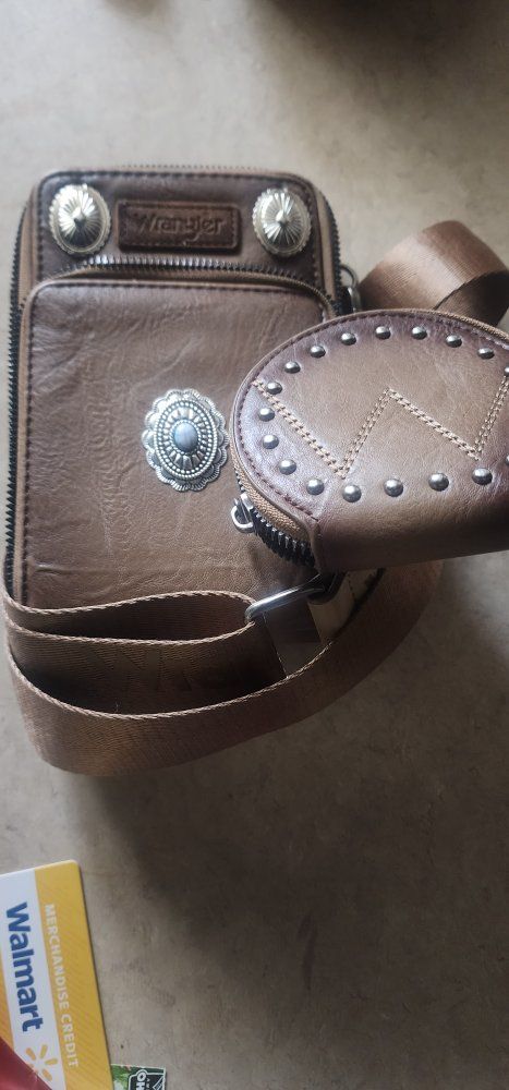Wrangler Western Crossbody Bag with Detachable Coin Purse - Brown, Concho & Studded Details