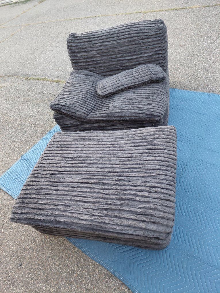 Gray Corduroy Accent Chair and Ottoman Set