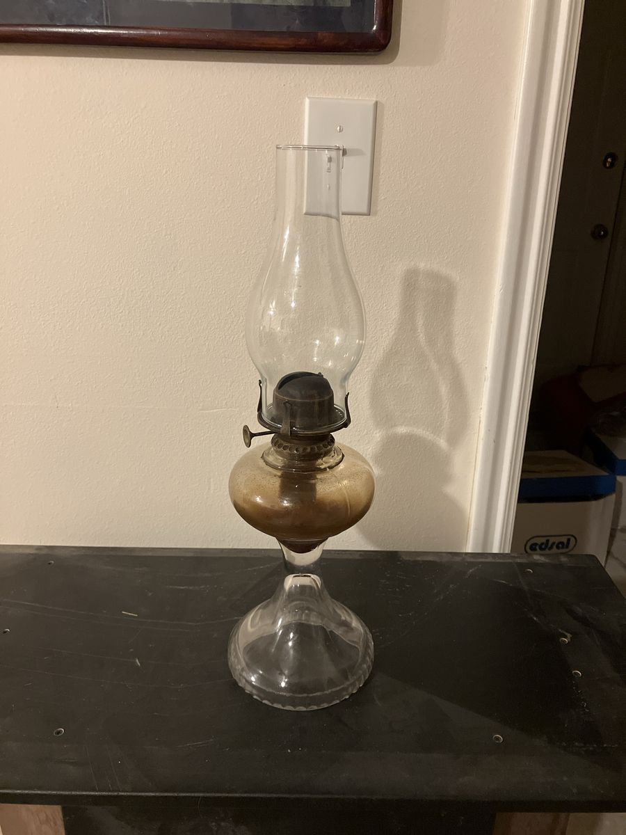 Vintage Clear Glass Kerosene Oil Lamp with Amber Hue Base and Chimney