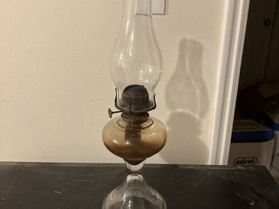 Vintage Clear Glass Kerosene Oil Lamp with Amber Hue Base and Chimney