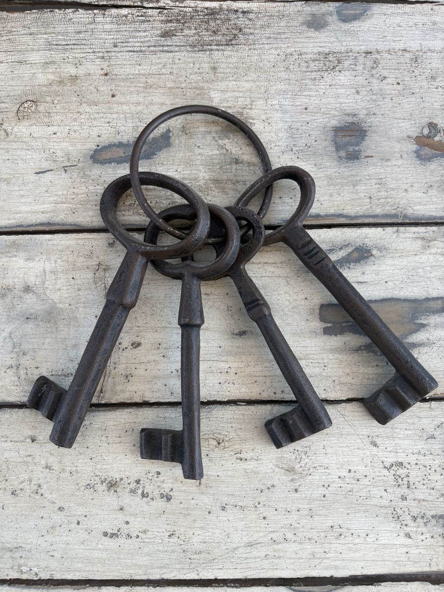 Set of 4 Large Antique-Style Iron Skeleton Keys on Ring