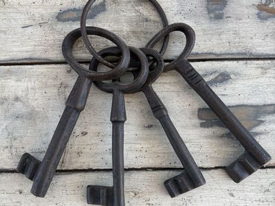 Set of 4 Large Antique-Style Iron Skeleton Keys on Ring
