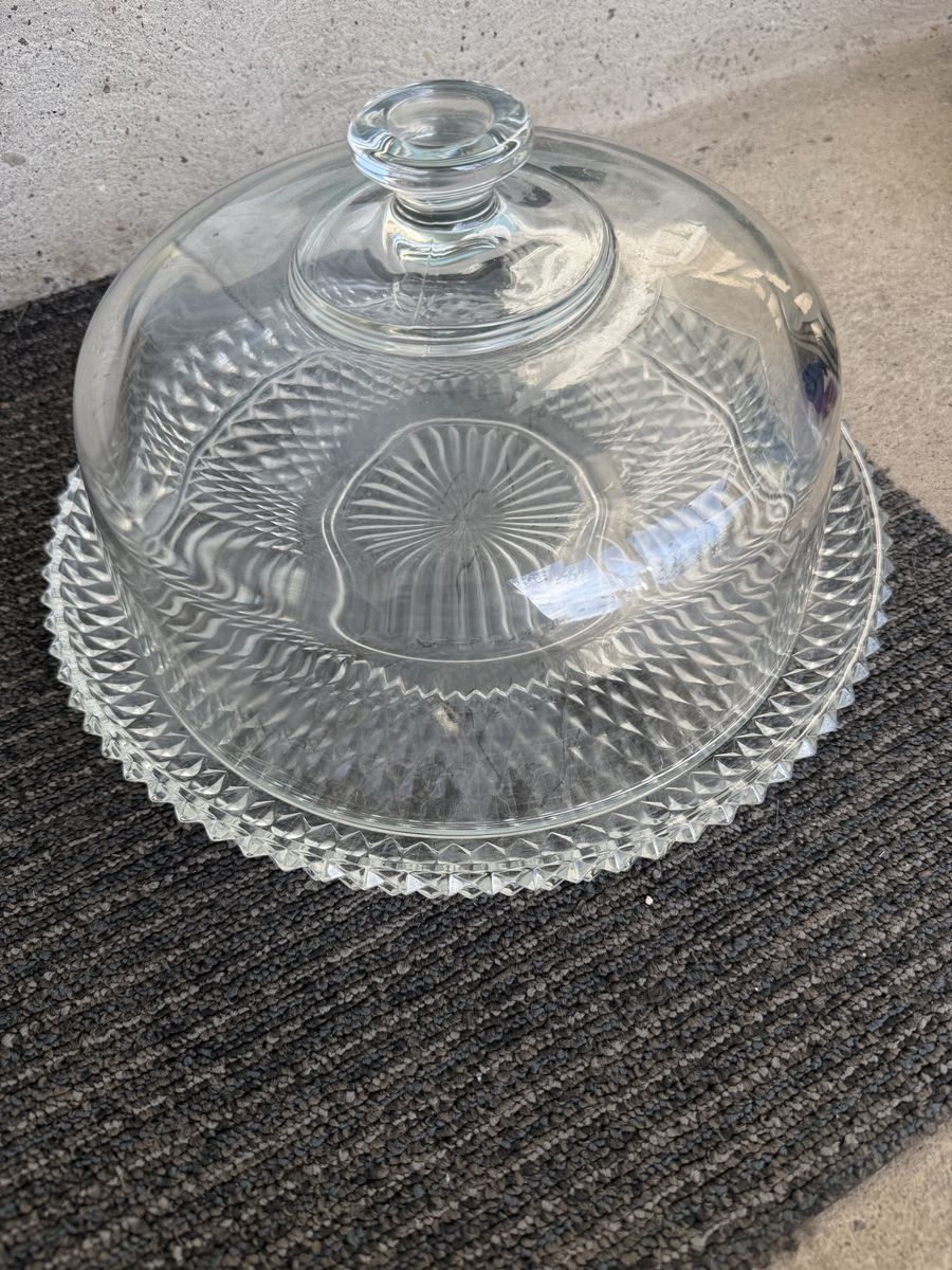 Vintage Clear Glass Cake Plate & Dome Cover, Pedestal Dessert Display, 12.5" Round