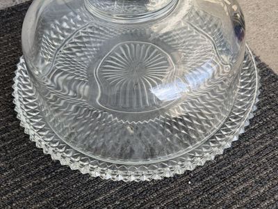 Vintage Clear Glass Cake Plate & Dome Cover, Pedestal Dessert Display, 12.5" Round