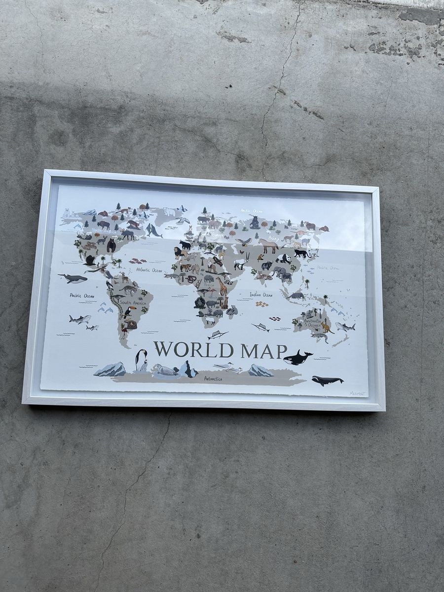 World Map for Kids with Animals White Framed Wall Art, 19.5 x 27.5 Inches