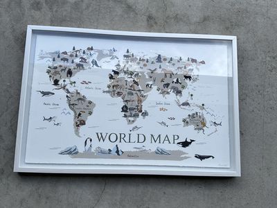 World Map for Kids with Animals White Framed Wall Art, 19.5 x 27.5 Inches