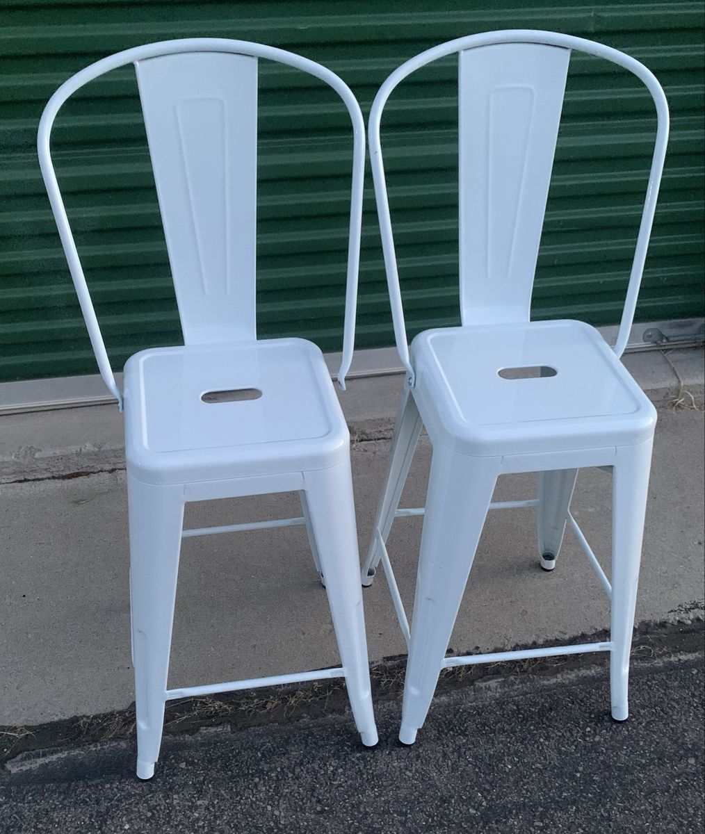 Set of 2 White Metal Bar Stools - Modern Industrial Counter Height Seating