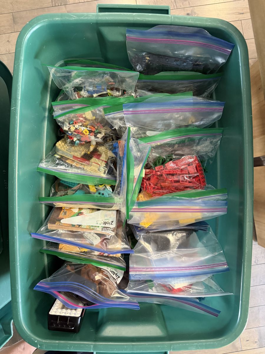 Bulk LEGO Bricks and Minifigures Lot in Storage Bin