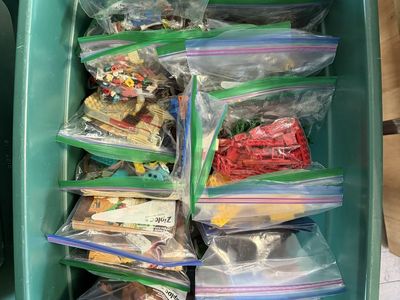 Bulk LEGO Bricks and Minifigures Lot in Storage Bin
