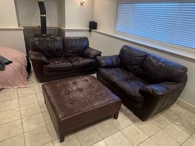 Brown Leather Sofa, Loveseat, & Ottoman Set - Tufted Design, Comfortable Seating
