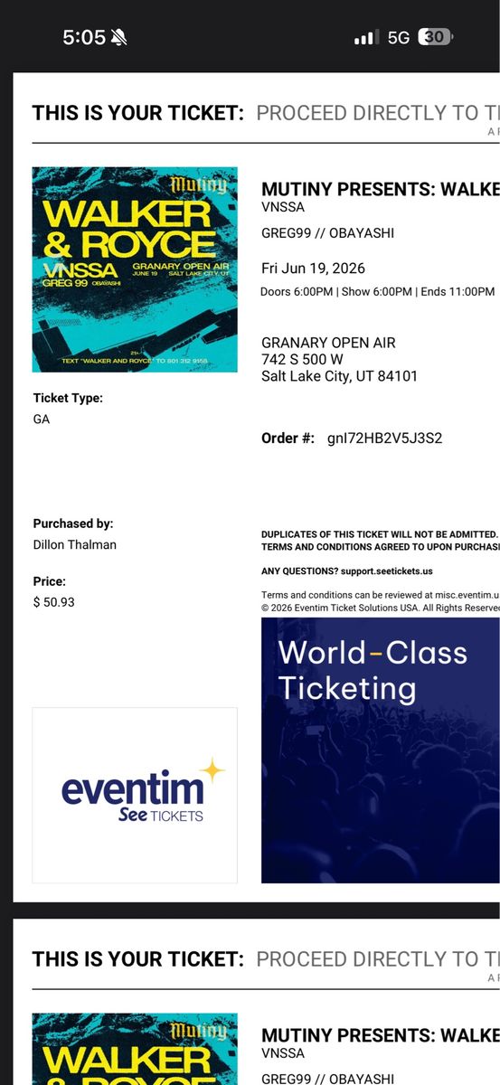 Walker & Royce Concert Ticket - Granary Live Salt Lake City - June 19, 2026 - GA Pass