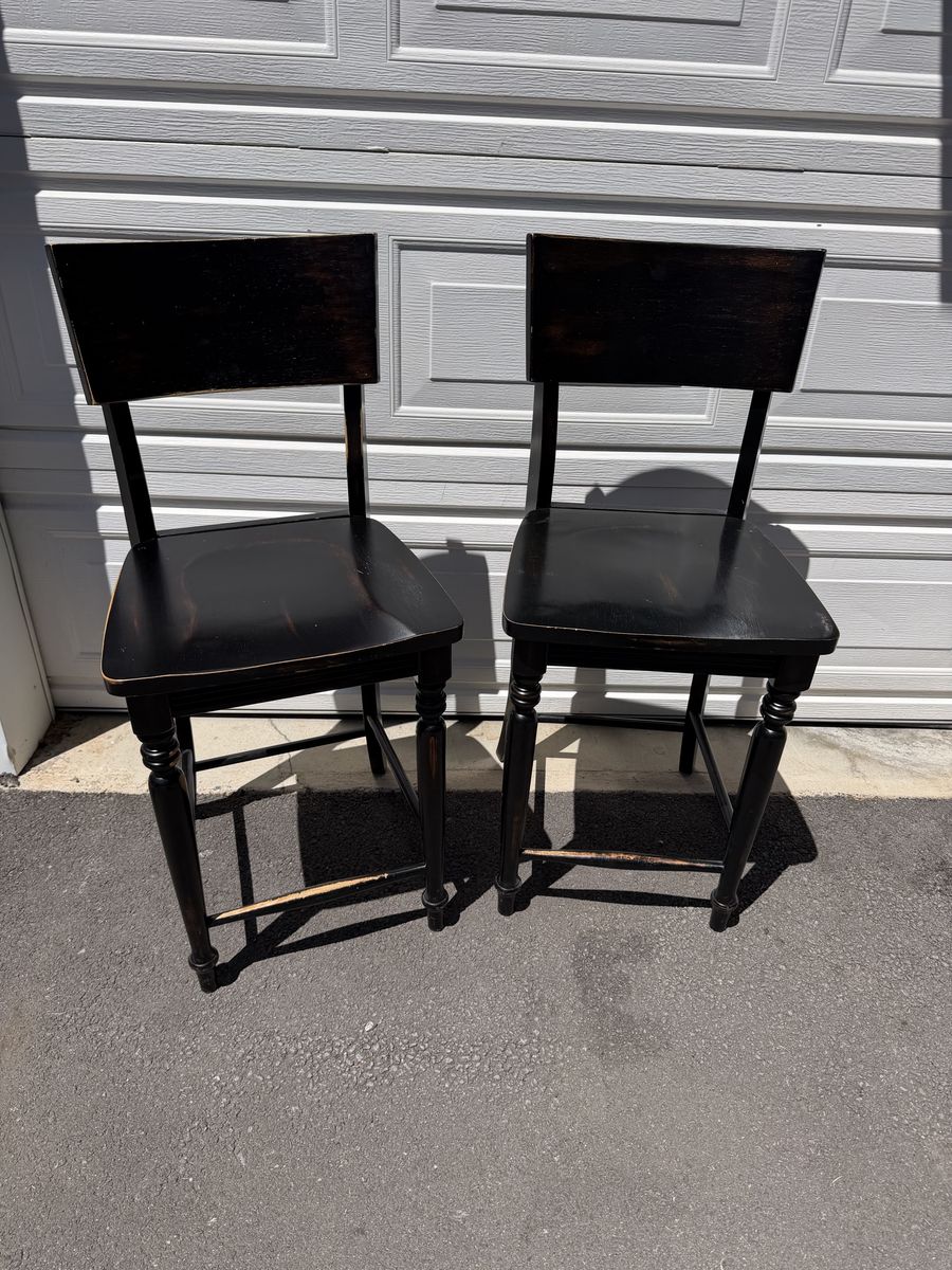 Pair of Counter Height Dining Chairs / Bar Stools – Black Distressedy Finish