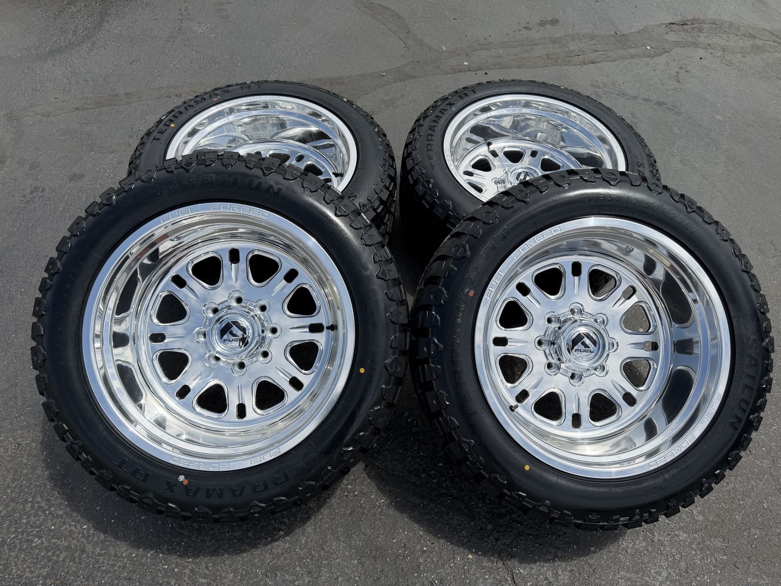 New Polished Forged Fuel 8x170 -44 35x12.50r22 Terramax RT Ford F250 F350 Superduty Powerstroke 8 lug Wheels and tires 3 peak